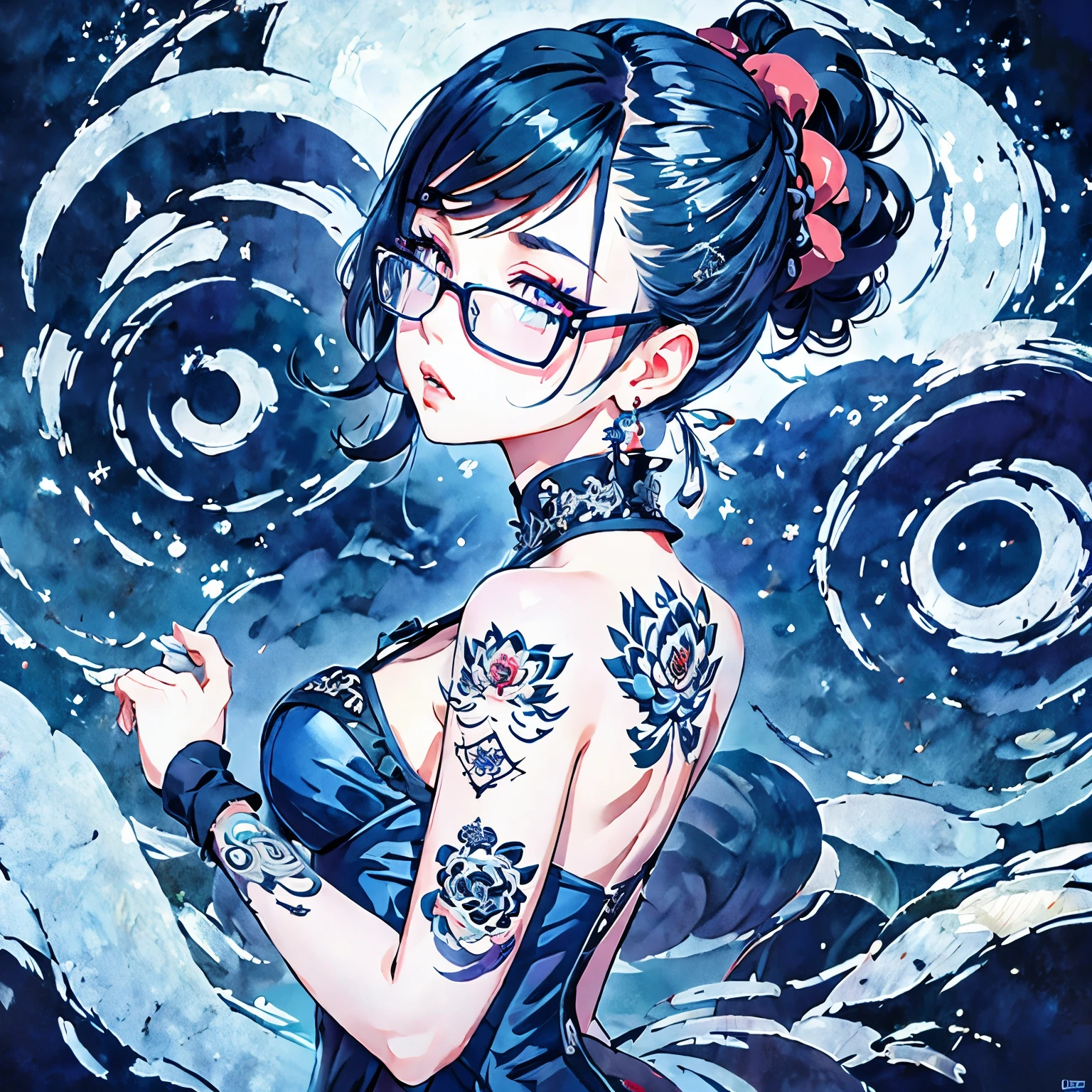 Mizuno Junko anime illustration, 1 Girl, Glasses girl, Surprised face, surprise, pastel Gothic, From the back, looking back at the viewer, Catholic Punk Aesthetic Art, gloved hand, mature Gothic woman in a fusion of Mediterranean-inspired Gothic punk fashion, Glasses, dark, Gothic. red gloves, Corset, Bare back, ((Tattoo, Blending traditional Mediterranean motifs with punk-inspired details)), Emphasis on a unique combination of styles, Heavy makeup, earrings, Kawaii Technology, Doll Skills, Red Cliff, ,大Eye,Eye,，Ink style