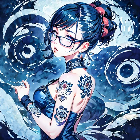 mizuno junko anime illustration, 1 girl, glasses girl, surprised face, surprise, pastel gothic, from the back, looking back at t...