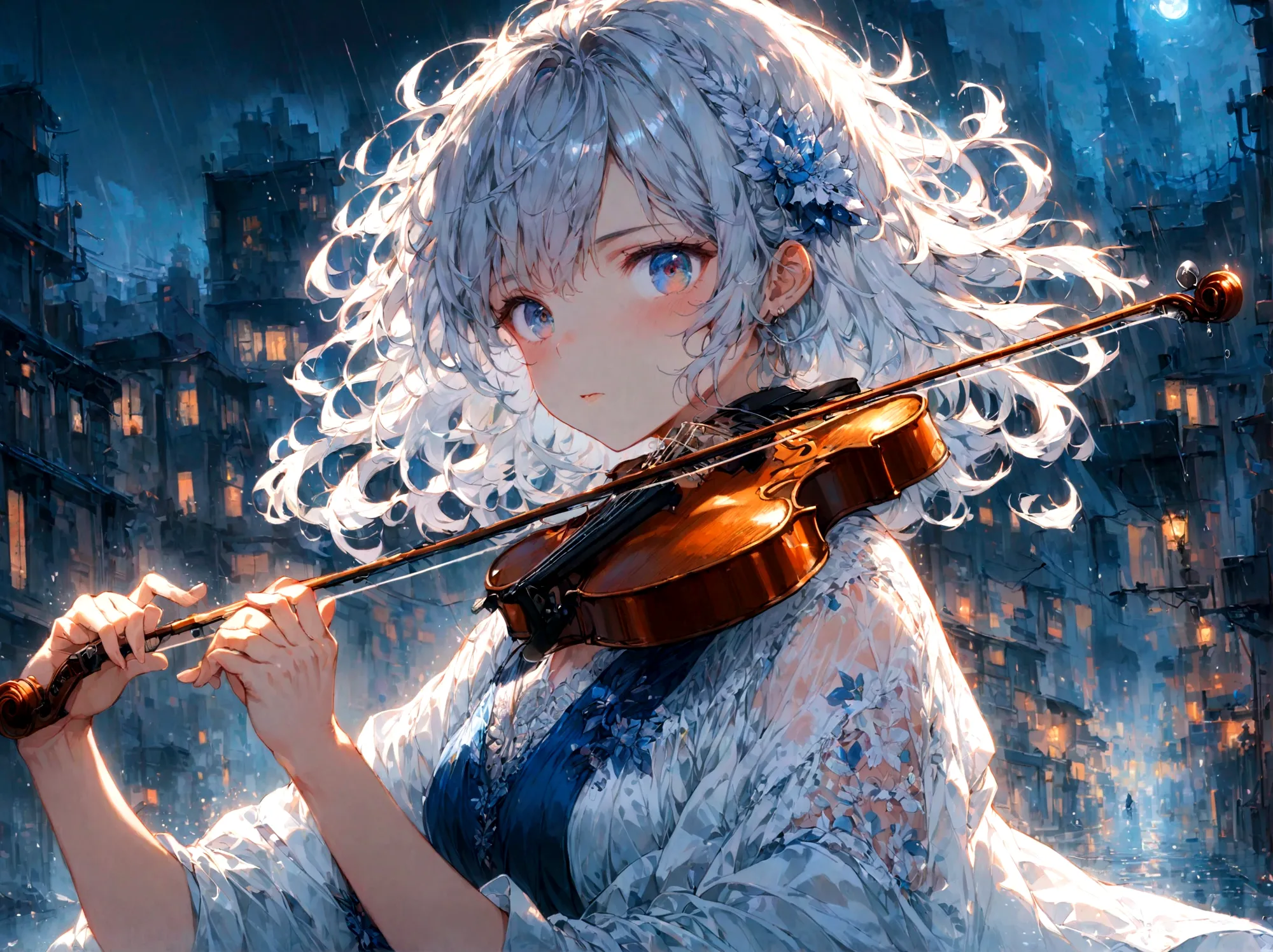 1girl, playing violin, night, city background, masterpiece, hope eyes, thinking eyes, self-hope, rain, ultra detailed, 8k, 16k, ...