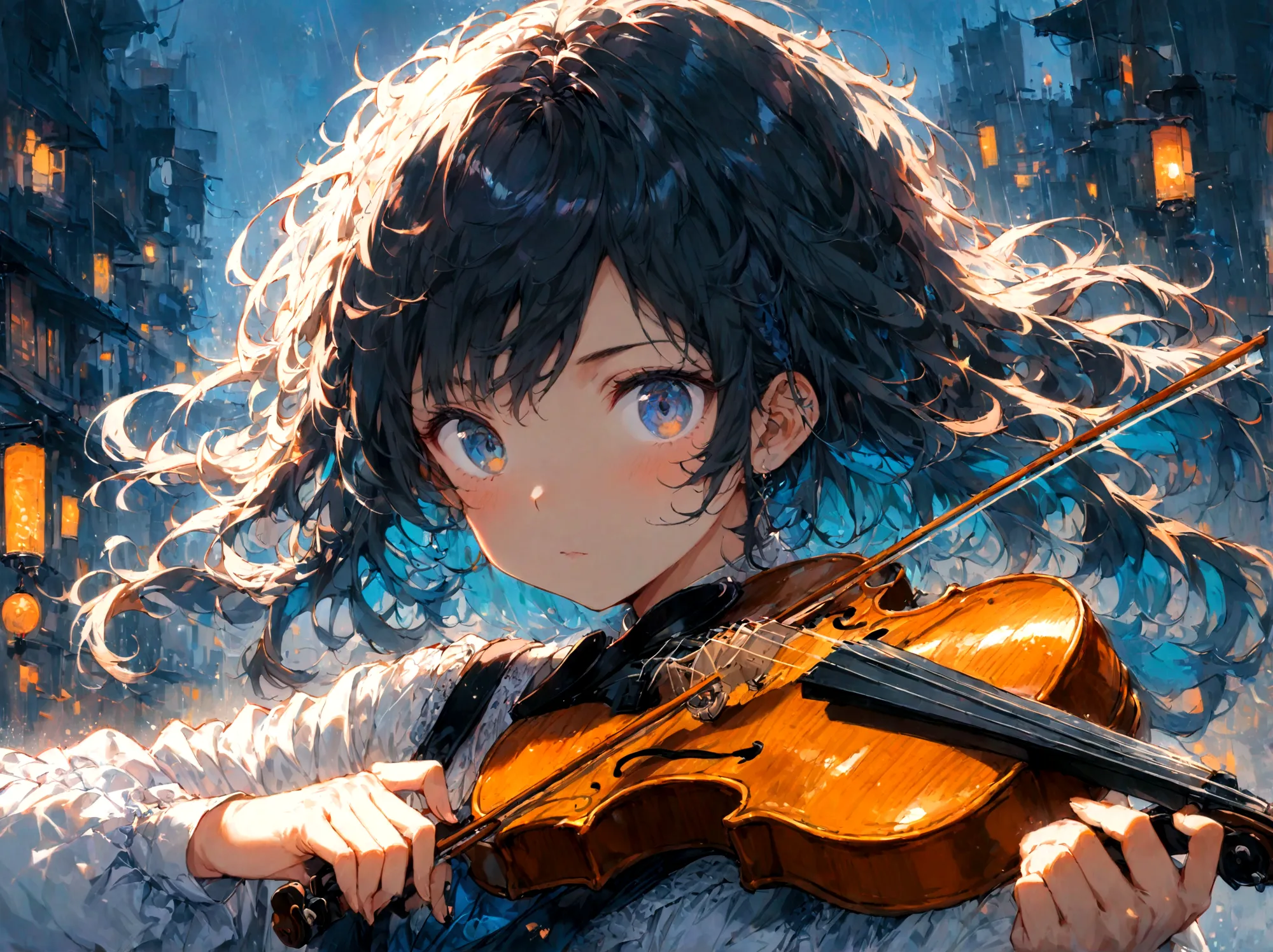 1girl, playing violin, night, city background, masterpiece, hope eyes, thinking eyes, self-hope, rain, ultra detailed, 8k, 16k, ...