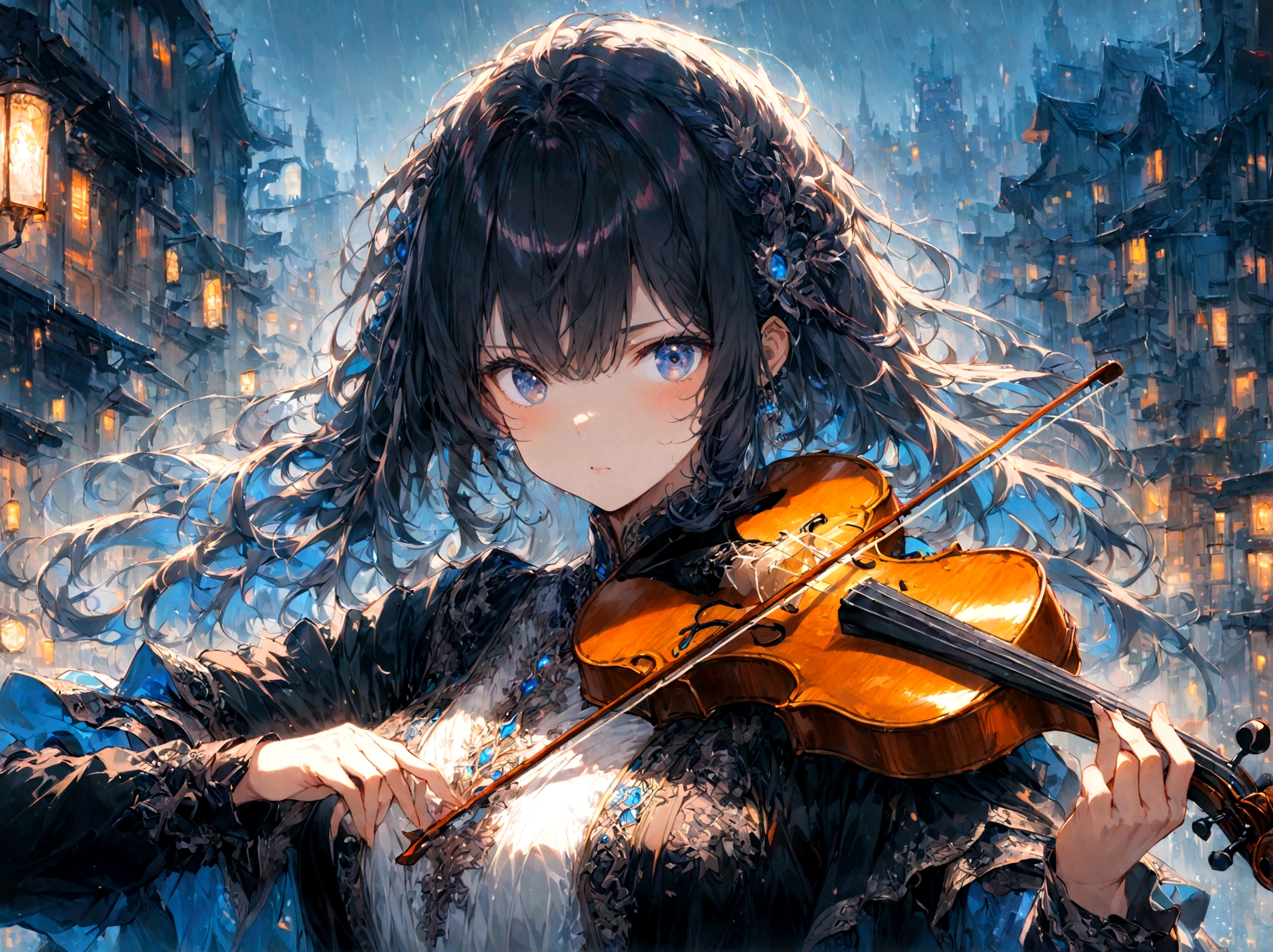 1girl, playing violin, night, city background, masterpiece, hope eyes, thinking eyes, self-hope, rain, ultra detailed, 8k, 16k, detailed eyes, blue colors, gray background, dynamic pose