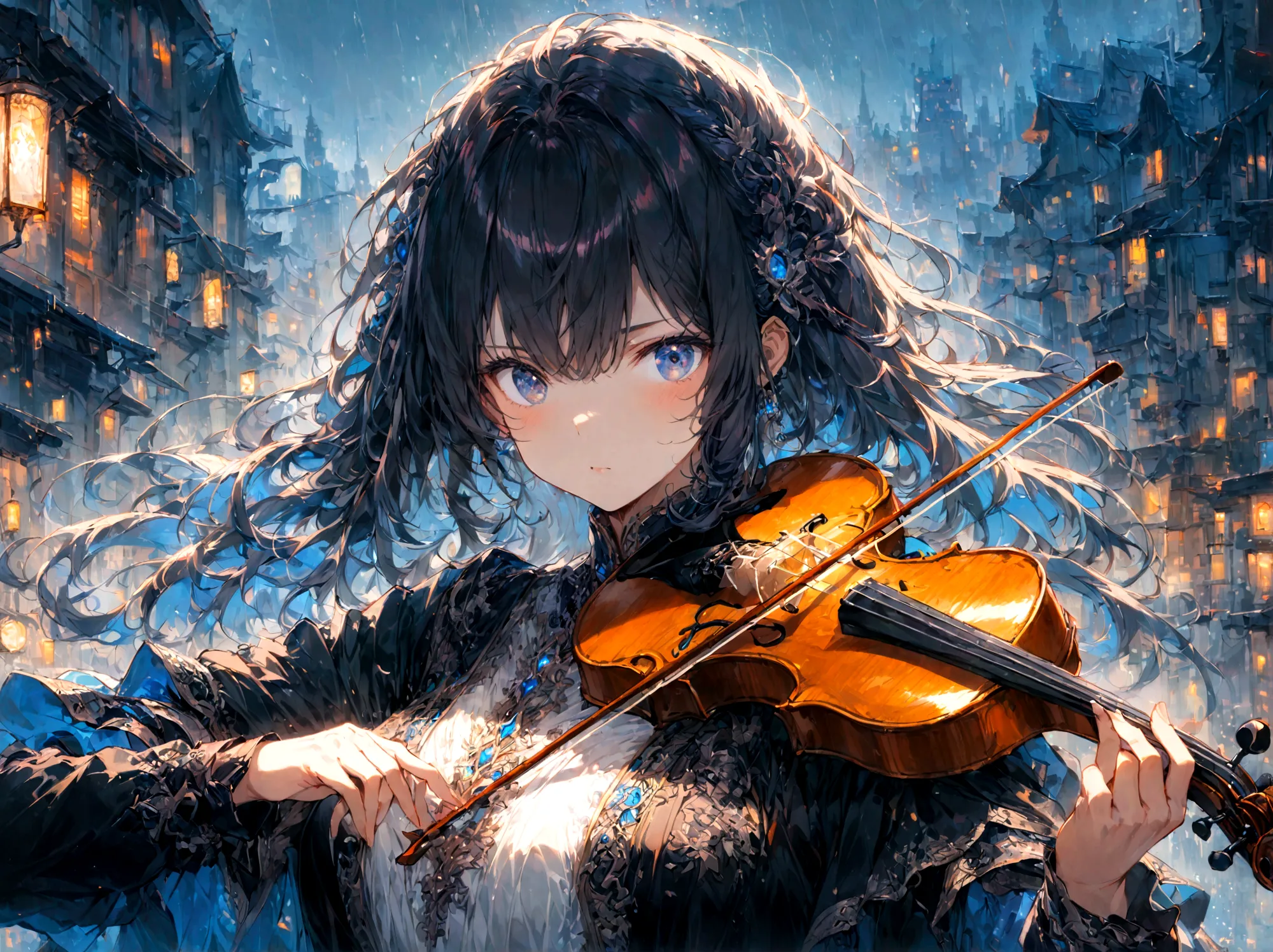 1girl, playing violin, night, city background, masterpiece, hope eyes, thinking eyes, self-hope, rain, ultra detailed, 8k, 16k, ...