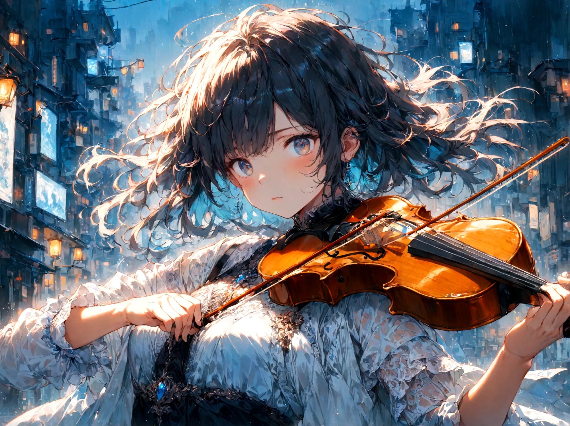 1girl, playing violin, night, city background, masterpiece, hope eyes, thinking eyes, self-hope, rain, ultra detailed, 8k, 16k, ...