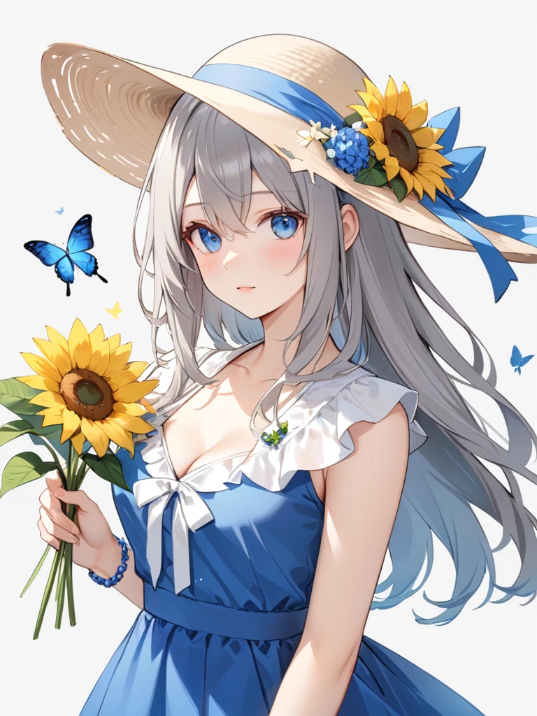 (((Best quality))),((Ultra-detailed)),((illustration)),((Disheveled hair)),((frilld)),(1 girl),(Solo),1girl, 1girl blue butterfly blue eyes blue flower bracelet breasts butterfly butterfly hair ornament butterfly on hand cleavage dress flower glowing butterfly grey background hat holding flower jewelry lexington \(warship girls r\) long hair solo sun hat sunflower white butterfly yellow butterfly yellow flower lexington \(warship girls r\) gray hair