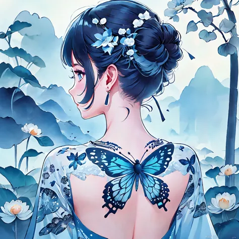 in the garden, from the back, 1 girl, focus on the back, (butterfly tattoo on back),，ink style