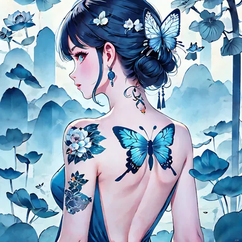 in the garden, from the back, 1 girl, focus on the back, (butterfly tattoo on back),，ink style