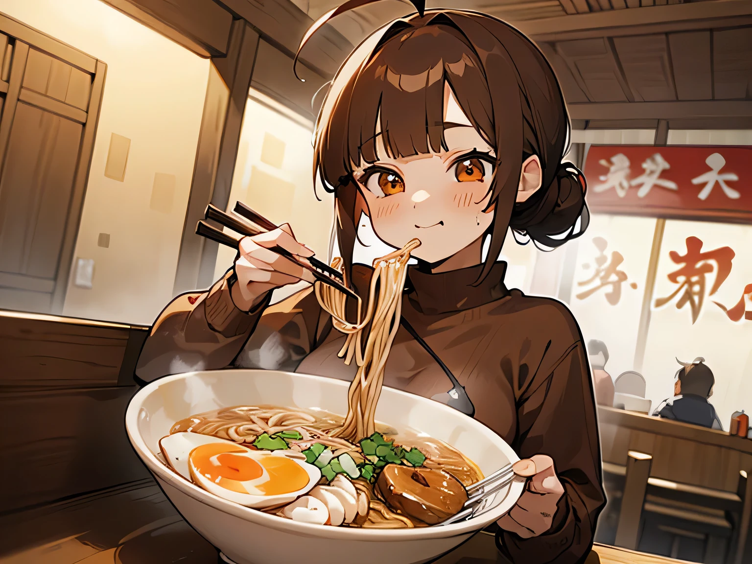 masterpiece , best quality , detailed , girl eating greasy ramen at ramen shop , ( 1 girl ) , ( ash brown hair ) , ( red inner color ) , ( Single chignon hairstyle:1.3 ) , ahoge , ( blunt bangs ) , small breasts, ( oversized white sweatshirts on tight black inner:1.3 ) , dark red big eyes, ( thrilled to bits look ) , happy expression , look at ramen , ( large greasy ramen ) , ((The interior and background of the ramen shop))