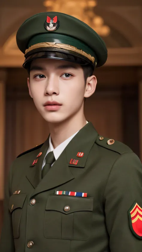 ((best quality)), ((masterpiece)), (detailed), Perfect face，A young man who is about to join the army，Wearing green military uni...