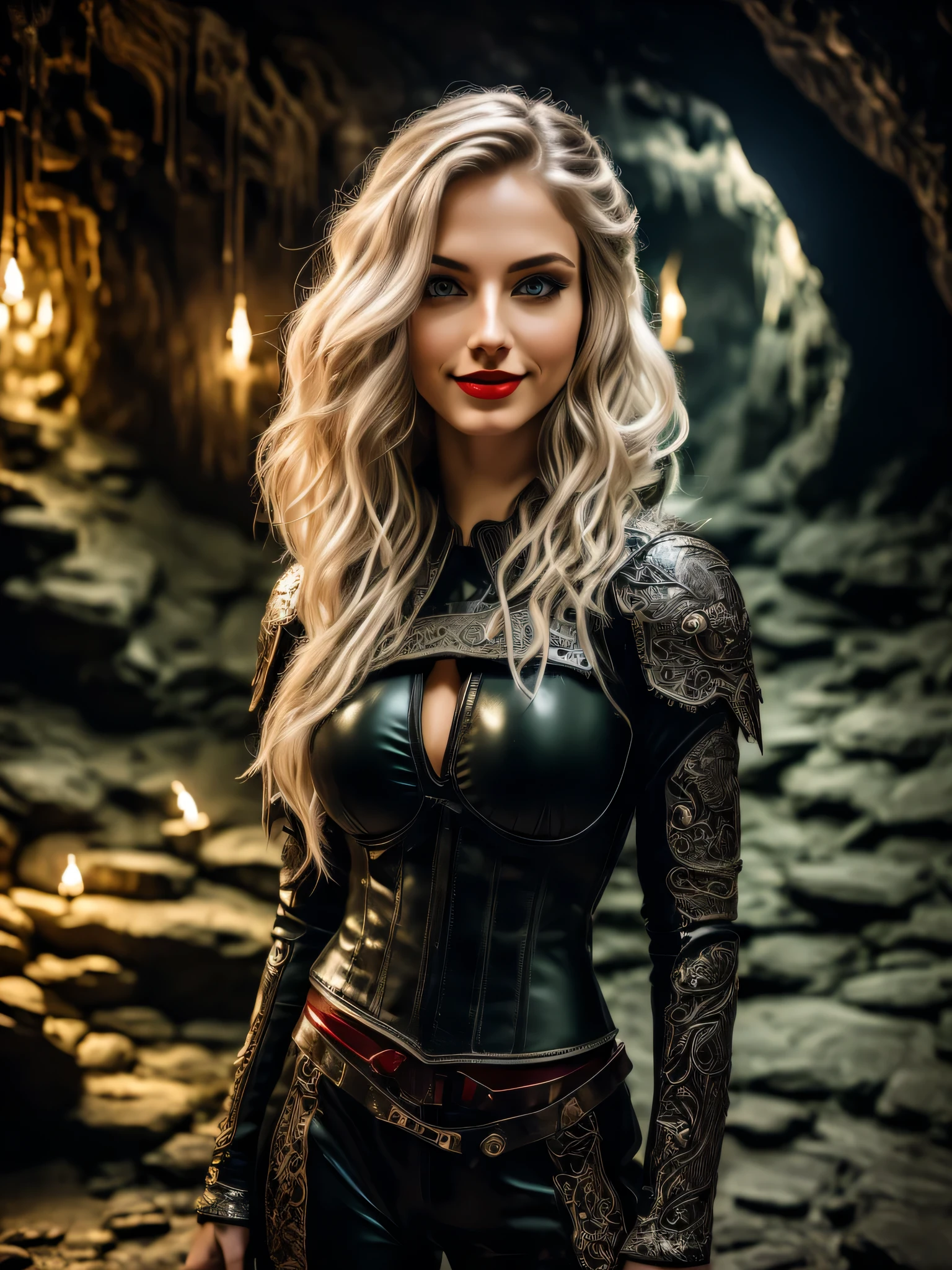 beautiful girl, 26 years old, (blonde), green eyes, red lips, shy smiling, dressed in sexy gothic leather armor, (in cave), (night), (dark atmosphere), evil atmosphere, (detailed background:1.5), (intricate environment details), (hyperdetailed), (detailed skin and hair texture)+++, (ultra realism), (8K UHD), (ultra quality), (dslr)