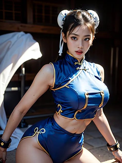 Create a sexy Chun-Li ultra-realistic masterpiece, Muscular and sexy body, Iconic characters from the 6th Street Fighter game. C...