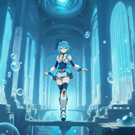 rico_megamanxdive, 1girl, solo, blue eyes, short hair, blue hair, android, high quality, masterpiece, standing in an underwater ...