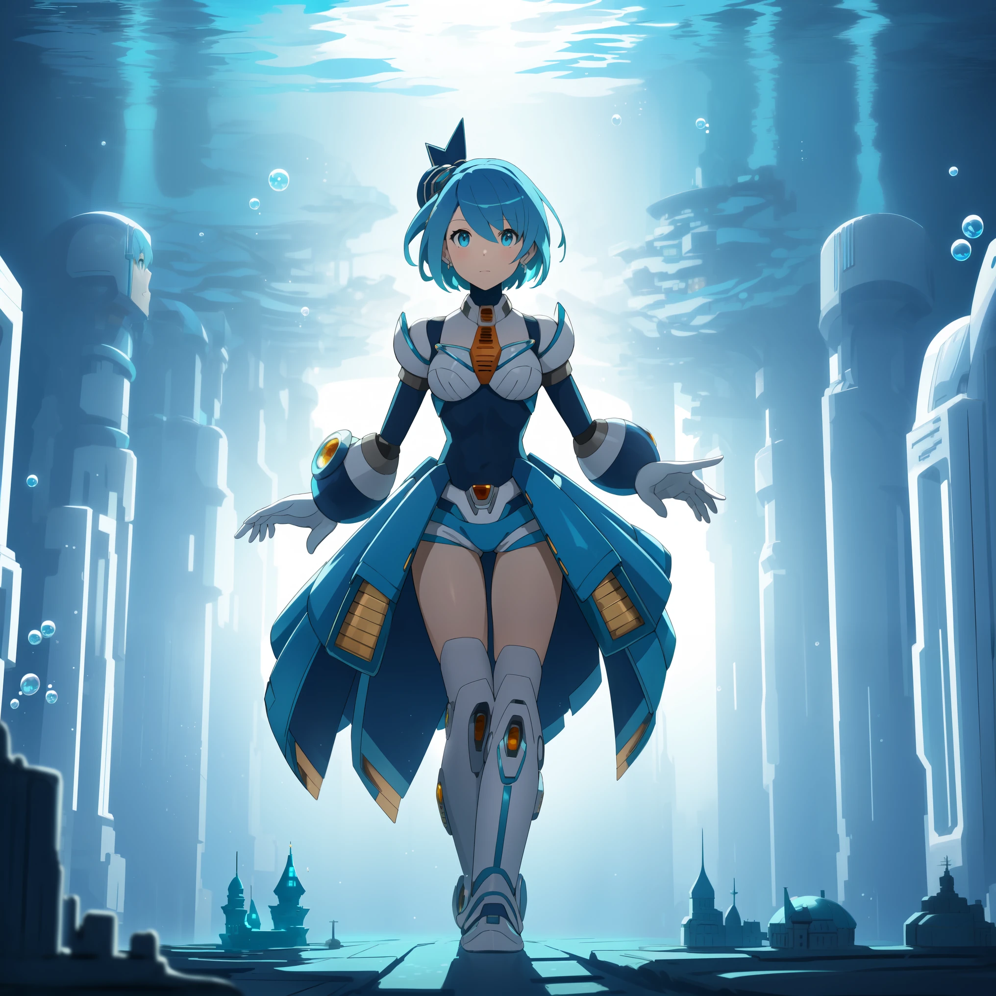 rico_megamanxdive, 1girl, solo, blue eyes, short hair, blue hair, android, high quality, masterpiece, standing in an underwater city with lots of bubbles, in the style of yuumei, intricate architectures, indigo, miniature illumination, daniel f. gerhartz