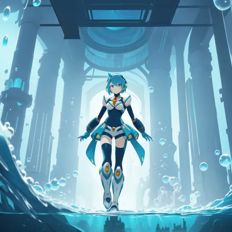 rico_megamanxdive, 1girl, solo, blue eyes, short hair, blue hair, android, high quality, masterpiece, standing in an underwater ...