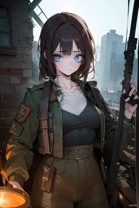 1woman, age 23, military uniform, destroyed abandoned building, overgrown ruins, war-torn landscape, cinematic lighting, gritty ...