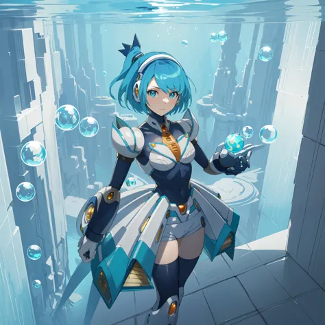 rico_megamanxdive, 1girl, solo, blue eyes, short hair, blue hair, android, high quality, masterpiece, standing in an underwater ...