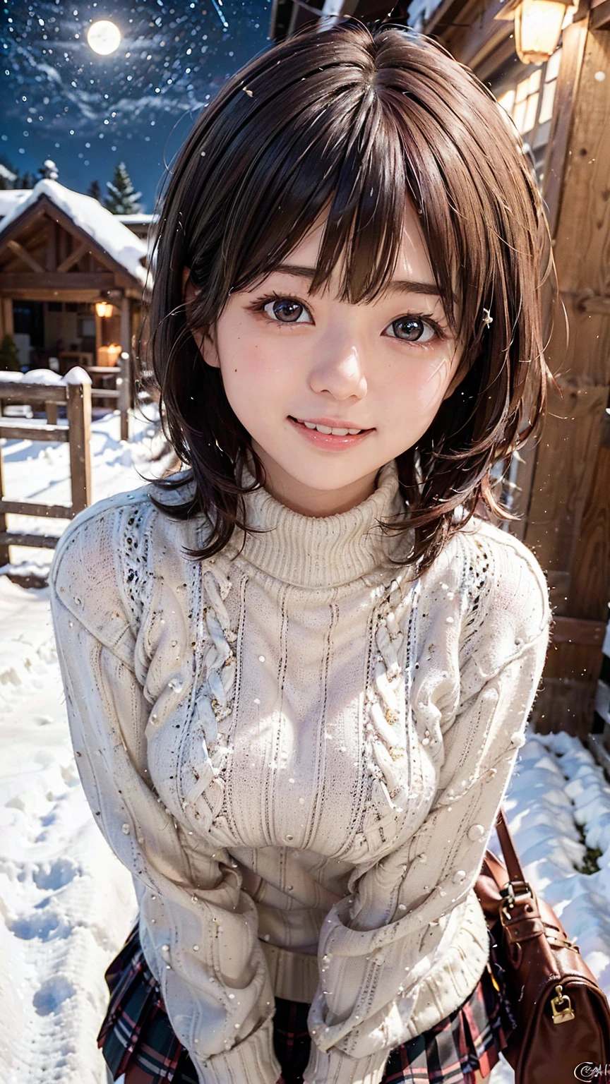 8K quality,(super masterpiece:1.3),highest quality,Detailed Images,The real picture,Natural lighting,symmetrical beauty,1 female,Japanese,20-year-old,(微smile,smile,smile),Medium Hair,Curly Hair,(very cute:1.3),Thick eyebrows,(Double:1.2),(Realistic eyes:1.1),clothing(Duffle coat,Turtleneck sweater,skirt,stockings),(Background is sky,Aerial,Night view,winter,snow,full moon,Starry Sky),(Face directly towards the camera,Looking directly at the viewer,looking at the camera,The body faces the viewer,The body is facing the direction of the camera,Face looking straight into the camera).