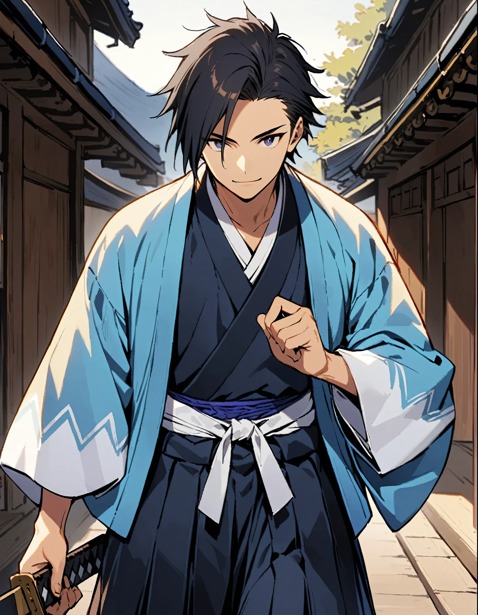 1boy,(solo),Black Hair,Japanese sword,bushi,Shinsengumi,Hakama,A light blue haori with white mountain-shaped designs on the cuffs and hem.