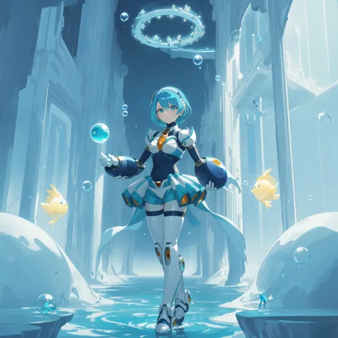 rico_megamanxdive, 1girl, solo, blue eyes, short hair, blue hair, android, high quality, masterpiece, standing in an underwater ...