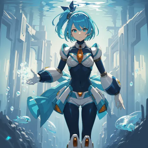 rico_megamanxdive, 1girl, solo, blue eyes, short hair, blue hair, android, high quality, masterpiece, standing in an underwater ...