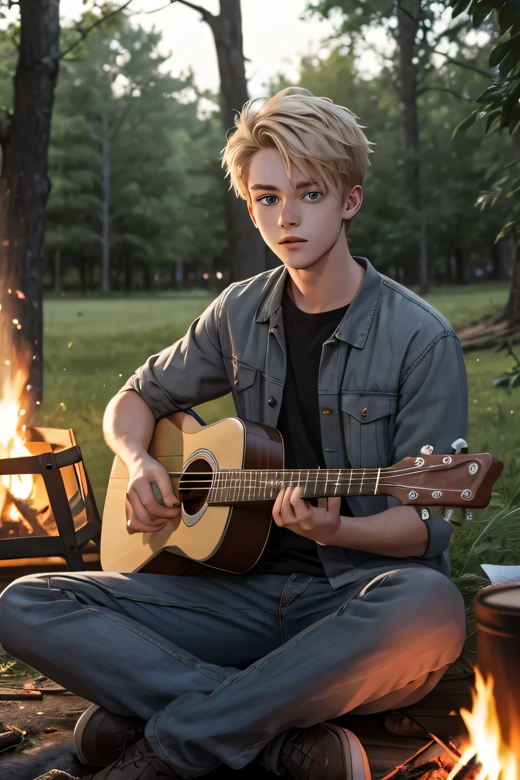 Create a british blond 16 year old male with grey Blue eyes beeinflusst completely high  on weed sitting next to a campfire playing ukulele