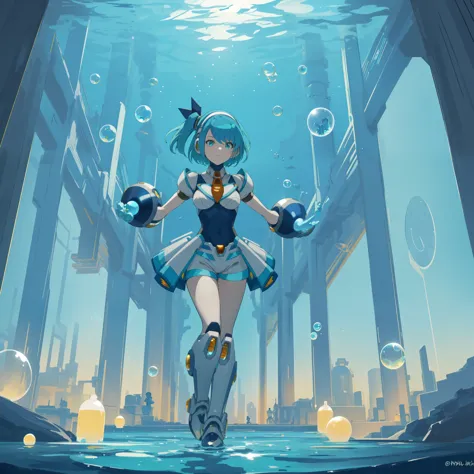 rico_megamanxdive, 1girl, solo, blue eyes, short hair, blue hair, android, high quality, masterpiece, standing in an underwater ...