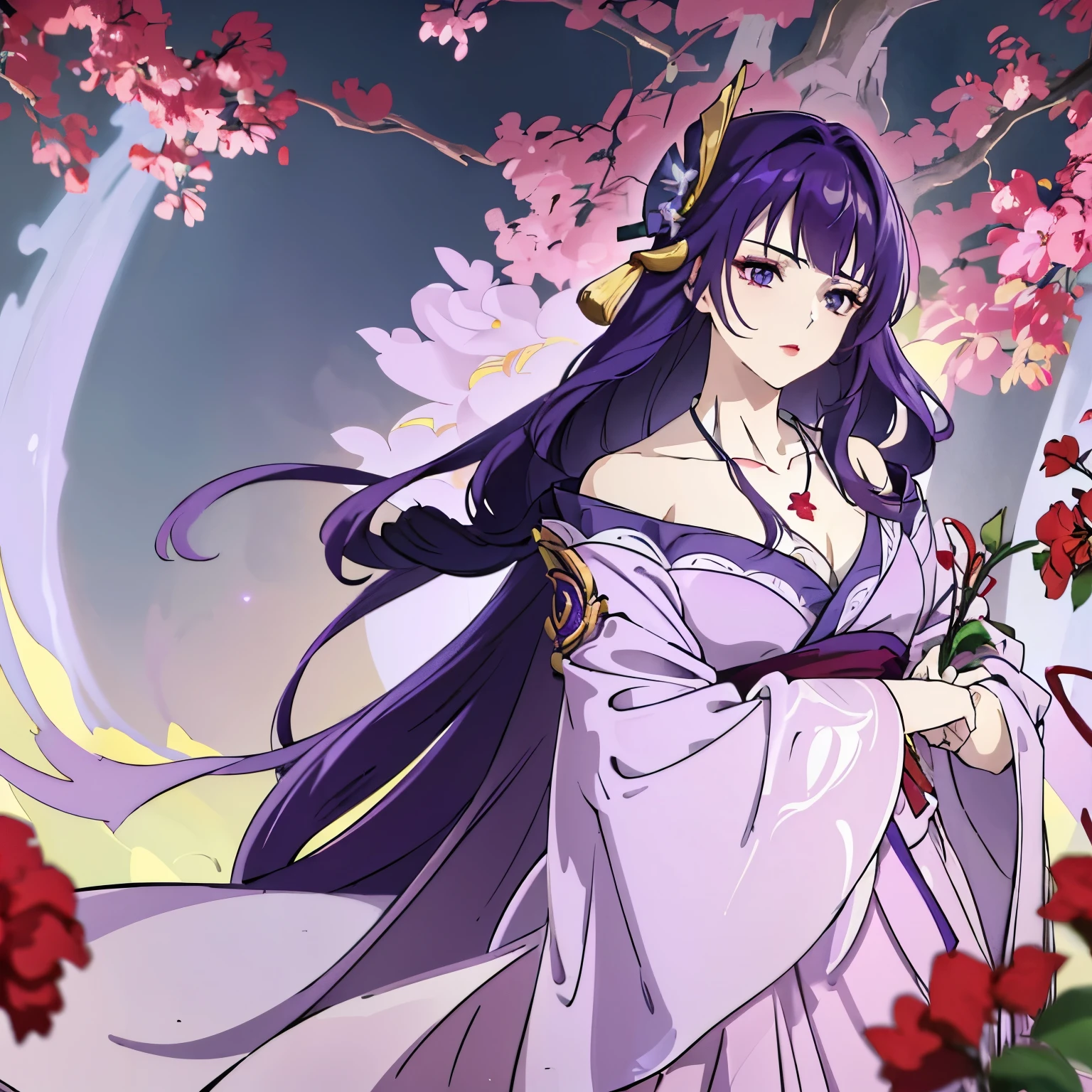 Best quality at best, Ultra-high resolution, (((1 girl))), (Long purple hair), (violet eyes), (Chinese clothes), (((Red Flowers necklace around her neck))), (Ultra Long Skirt), Love, Hanfu, Yarn, Flowing light yarn, jewelry, (focal), (((Colorful))), particle fx , tmasterpiece, Best quality at best, beautiful painted, meticuloso, highly detailed, (tmasterpiece, Best quality at best） CG unified 8K wallpaper ,tmasterpiece，Best quality，ultra - detailed, Super HD picture quality