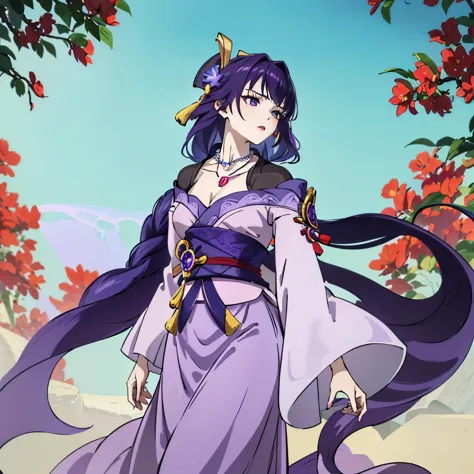 Best quality at best, Ultra-high resolution, (((1 girl))), (Long purple hair), (violet eyes), (Chinese clothes), (((Red Flowers ...