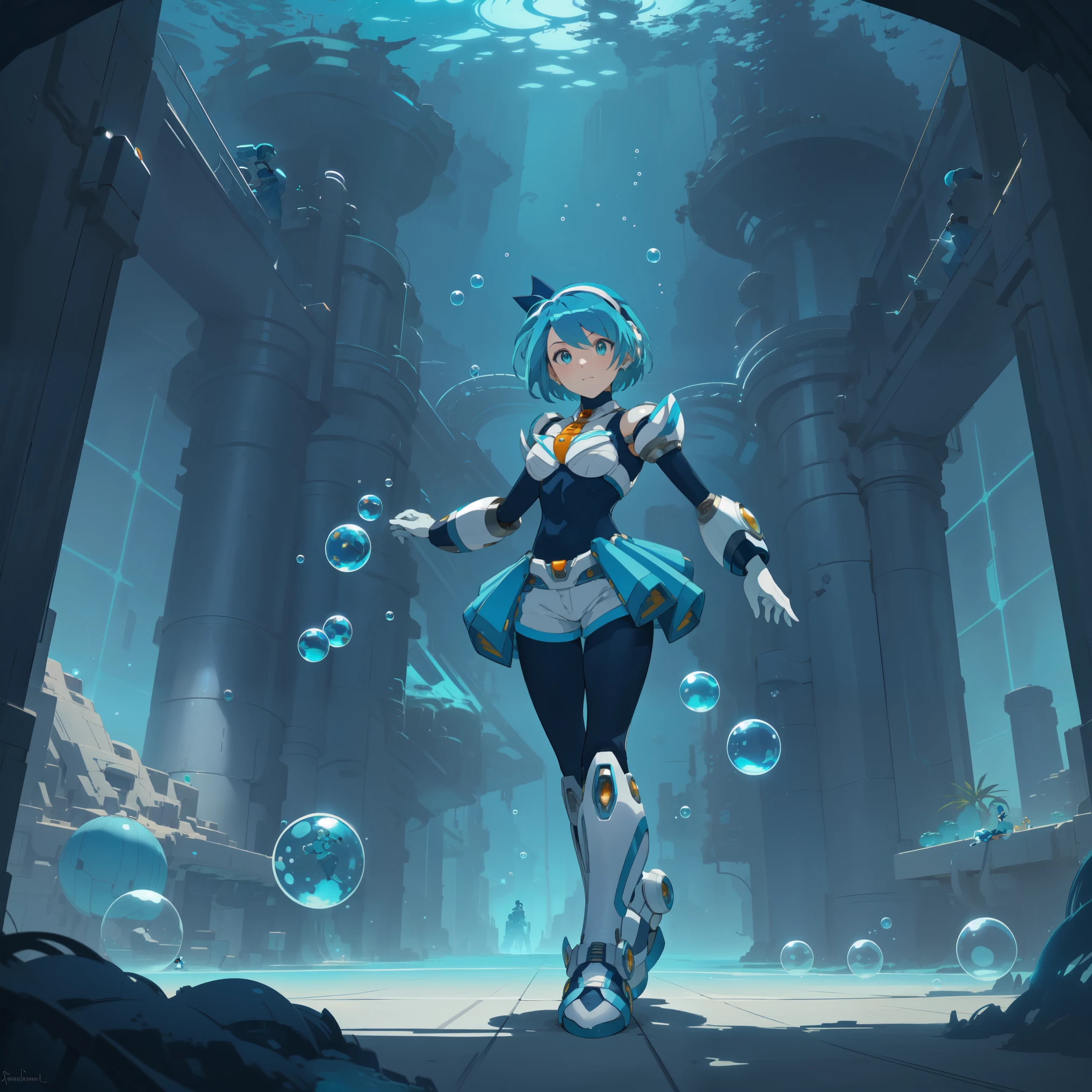 rico_megamanxdive, 1girl, solo, blue eyes, short hair, blue hair, android, high quality, masterpiece, standing in an underwater city with lots of bubbles, in the style of yuumei, intricate architectures, indigo, miniature illumination, daniel f. gerhartz