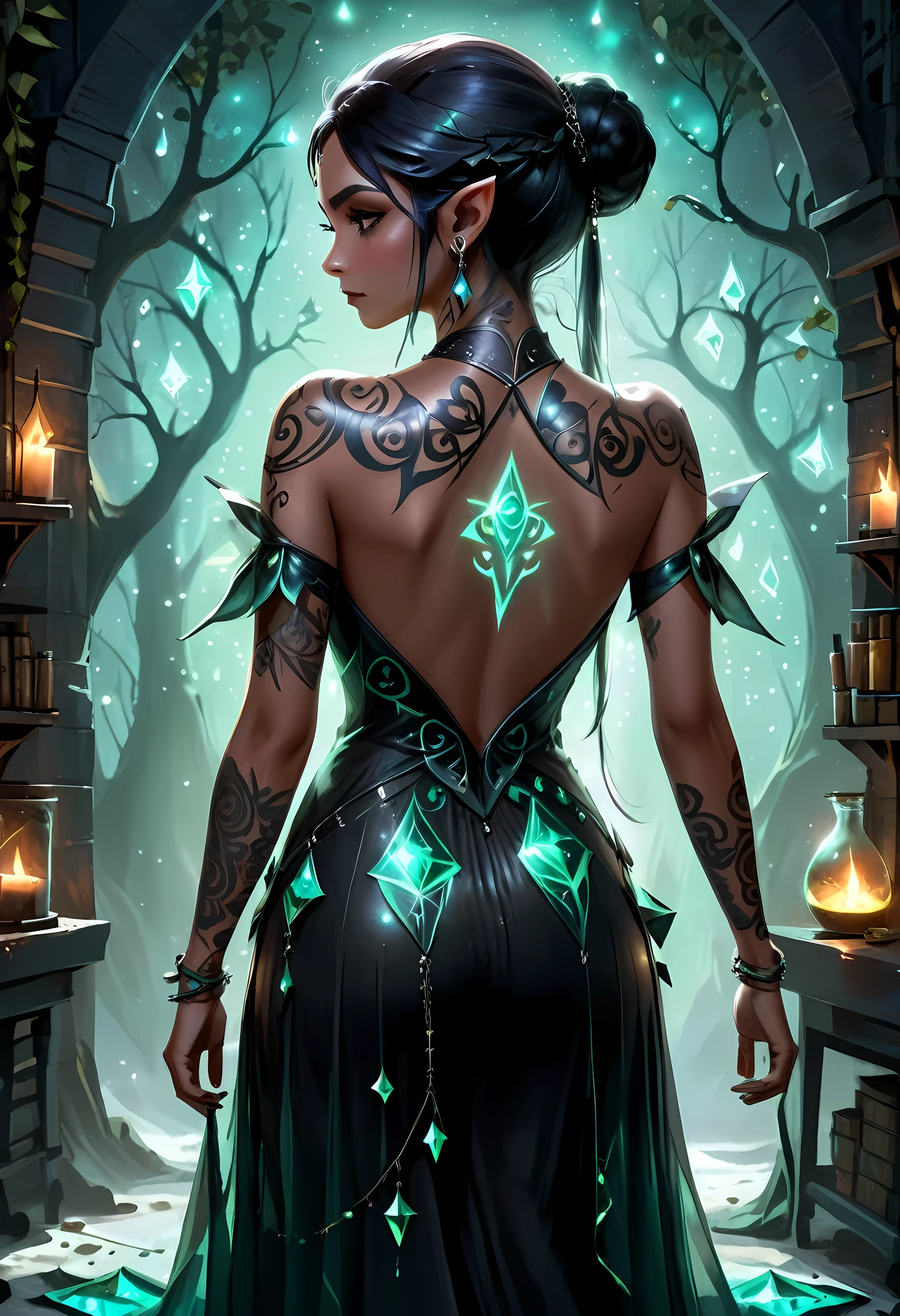 modisn disney, Arafed, Dark fantasy art, fantasy art, goth art, a picture of a tattoo on the back of a female elf, of  glowing elven magical runes, AlchemyPunkAI, shoot taken from the back, ((the back is visible: 1.3), she wears a transparent dress that the tattoos glow, crystalline dress