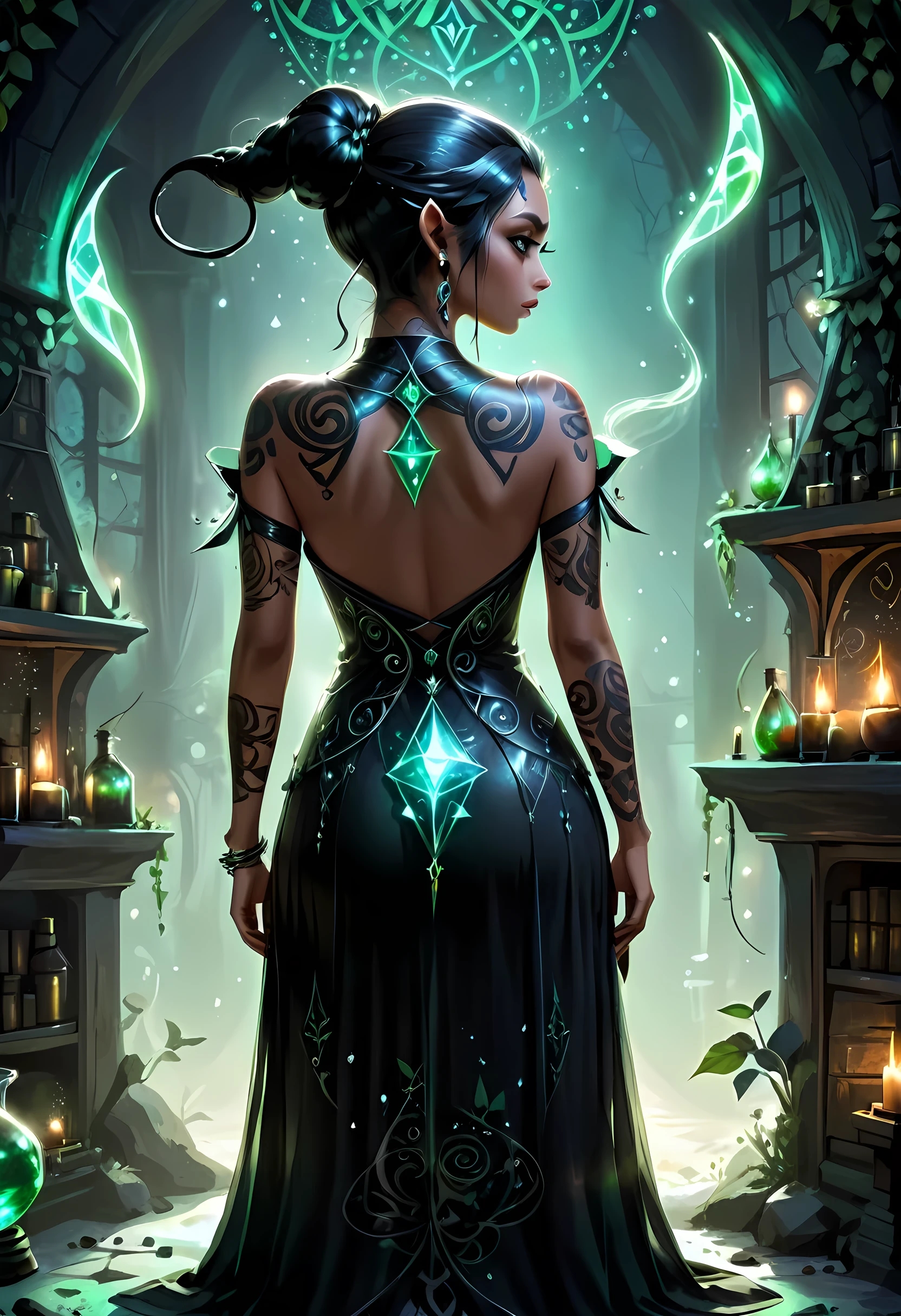 modisn disney, Arafed, Dark fantasy art, fantasy art, goth art, a picture of a tattoo on the back of a female elf, of  glowing elven magical runes, AlchemyPunkAI, shoot taken from the back, ((the back is visible: 1.3), she wears a transparent dress that the tattoos glow, crystalline dress