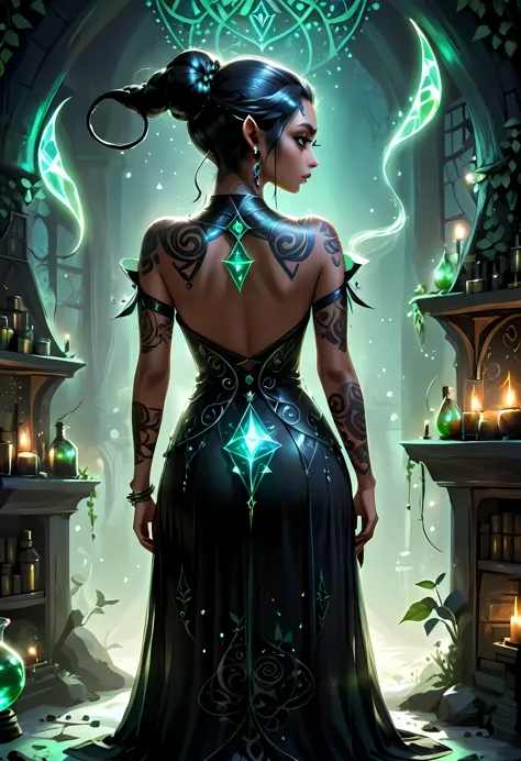 modisn disney, Arafed, Dark fantasy art, fantasy art, goth art, a picture of a tattoo on the back of a female elf, of  glowing e...
