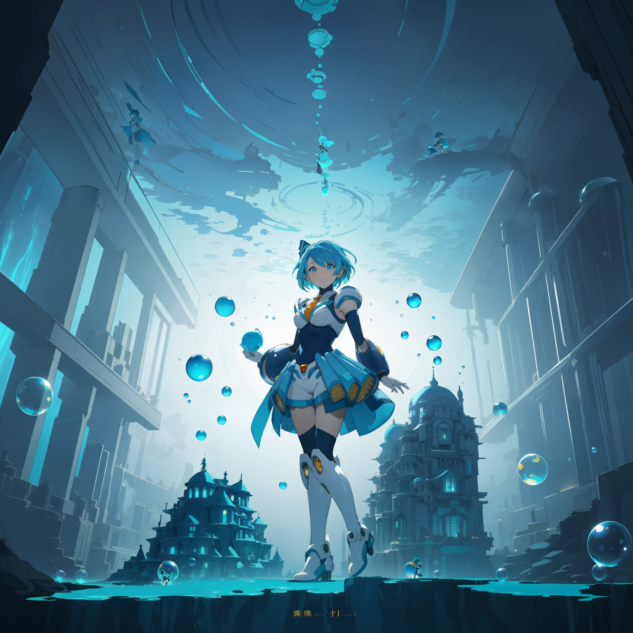 rico_megamanxdive, 1girl, solo, blue eyes, short hair, blue hair, android, high quality, masterpiece, standing in an underwater city with lots of bubbles, in the style of yuumei, intricate architectures, indigo, miniature illumination, daniel f. gerhartz