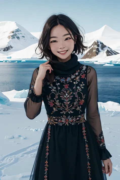 a cute woman smiling at the camera, wearing a stunning embroidered dress in Antarctica, cinematic, film grain