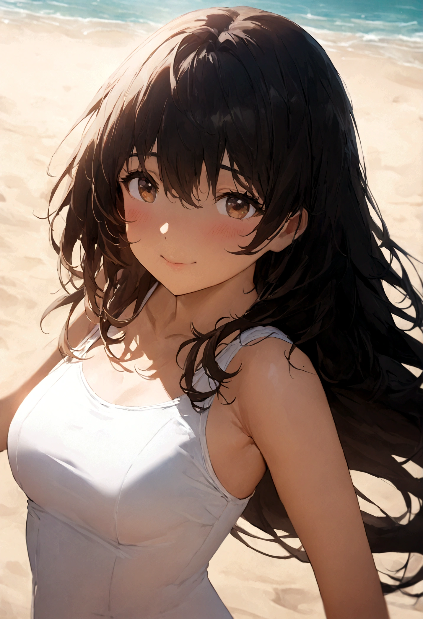 (Meisterqualität)(Anime-Stil)(RAW-Fotos)Hochdetailliert, Super detailliert, Ultra HD Schönes Mädchen mit kurzen schwarzen Haaren, das Spaß an einem offenen Strand hat, Umgeben von natürlicher Schönheit, Die warme Sonne schien auf sie herab, Wiegen Sie sich sanft in der Brise, Schafft eine spielerische Atmosphäre(offizieller Tiefdruck)(Nahaufnahme1.5)Schulschwimmanzug