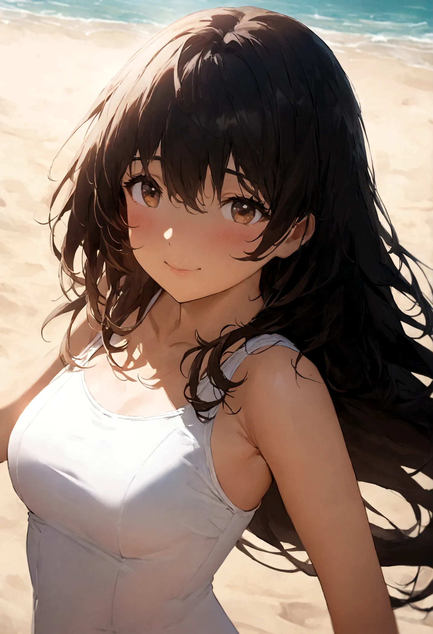 (master quality)(Anime style)(RAW Photos)High detail, Super detailed, Ultra HD Beautiful girl with short black hair having fun on an open beach, Surrounded by natural beauty, The warm sun shining down on her, Sway gently in the breeze, Creates a playful at...