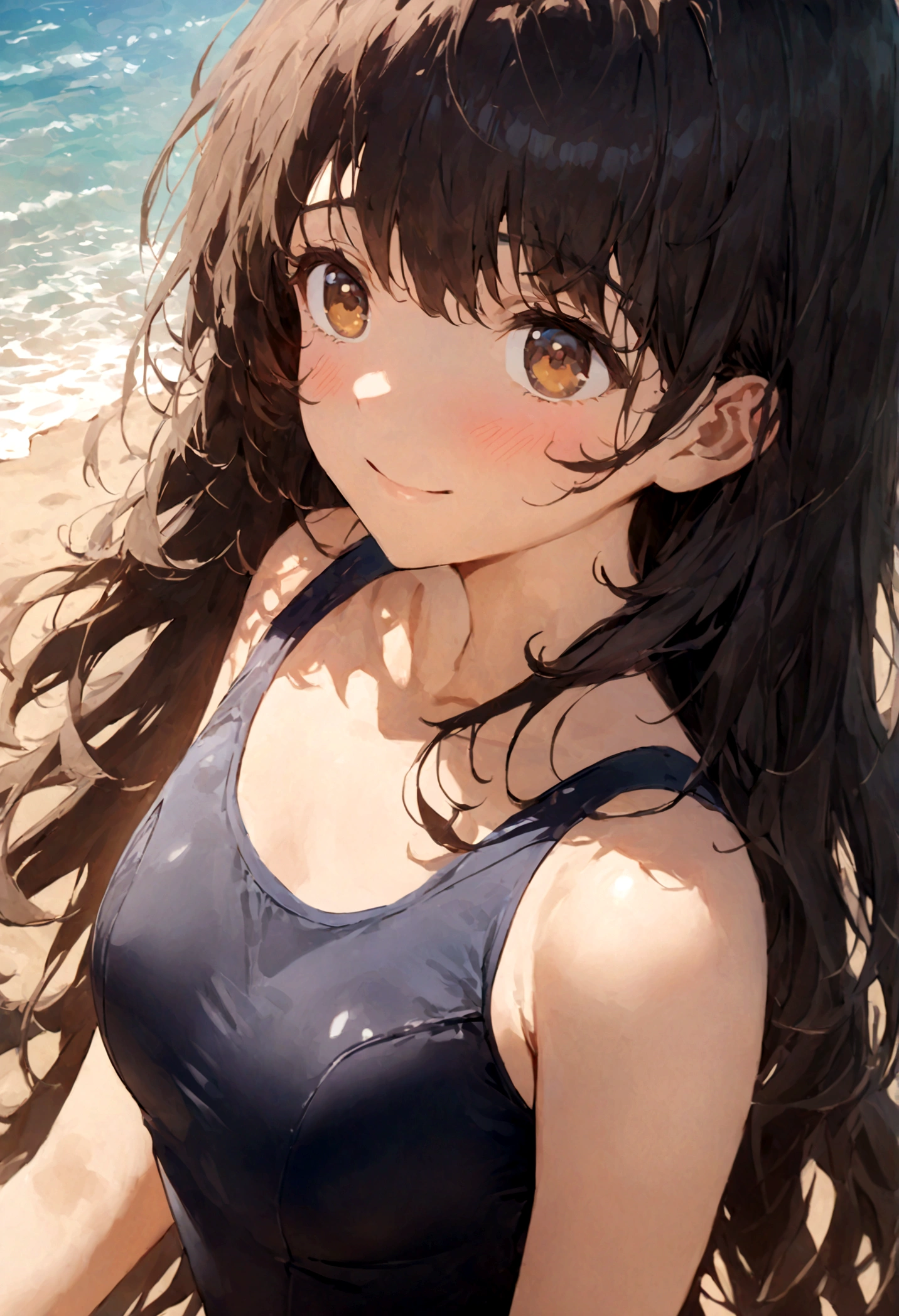 (Meisterqualität)(Anime-Stil)(RAW-Fotos)Hochdetailliert, Super detailliert, Ultra HD Schönes Mädchen mit kurzen schwarzen Haaren, das Spaß an einem offenen Strand hat, Umgeben von natürlicher Schönheit, Die warme Sonne schien auf sie herab, Wiegen Sie sich sanft in der Brise, Schafft eine spielerische Atmosphäre(offizieller Tiefdruck)(Nahaufnahme1.5)Schulschwimmanzug