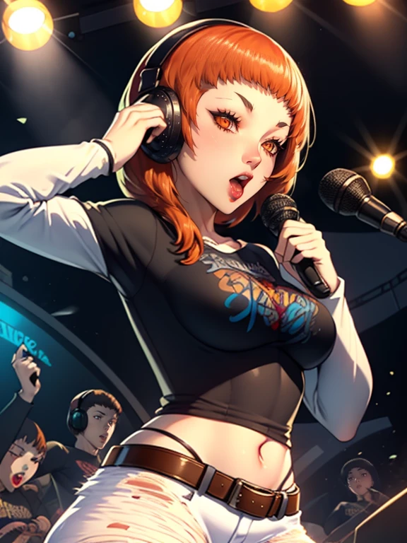 Leonie, orange hair,earrings ,lipstick, eye shadow, makeup, 1girl, solo, black t-shirt, white shirt, blue jeans, belt, lipstick, large breasts, layered sleeves, sexy pose, holding a microphone, singing, stage background, headphones