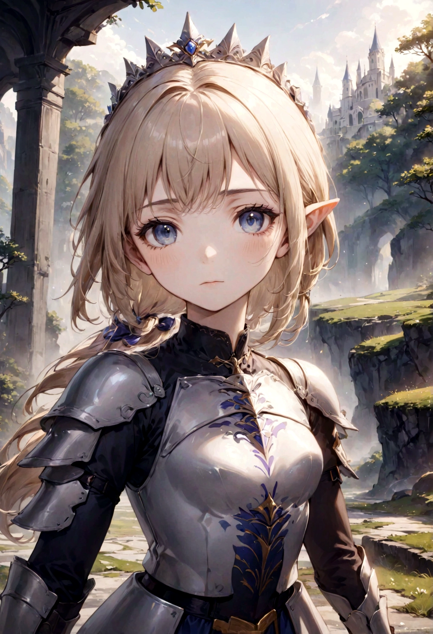 ((Masterpiece)), (Best Quality), (Cinematic),(extrem detailliertes CG Unity 8k-Hintergrundbild), ((upper body with hand)), 1/2 portrait,(with visible hand)1girl, fit, small breasts, a stunning beautiful elf warrior princess who looks dreamy in her a beautifully crafted fine and perfect fitting armor-dress. with one hand  towards she is showing us a fine curved dagger in elf-handcrafted style.  on her head she has decorative tiara with the same ornaments like her armor. the scenery is a little bit gritty but also awe inspiring.,1 line drawing,makeup, plain white background