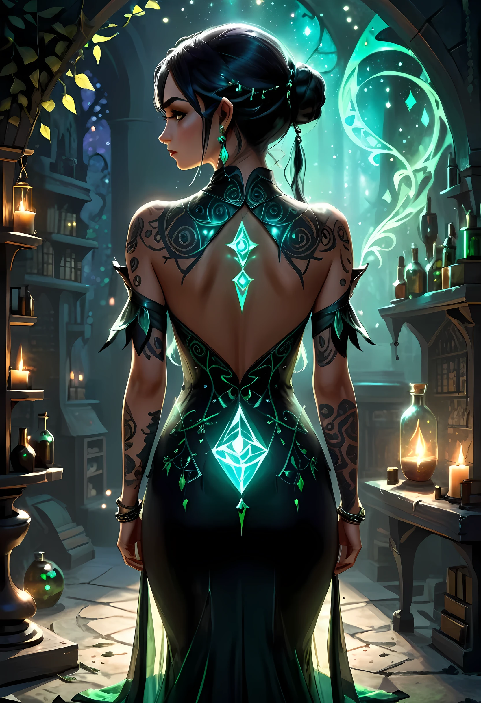 modisn disney, Arafed, Dark fantasy art, fantasy art, goth art, a picture of a tattoo on the back of a female elf, of  ((glowing: 1.3)) elven magical runes, AlchemyPunkAI, shoot taken from the back, ((the back is visible: 1.3), she wears a transparent dress that the tattoos glow, crystalline dress
