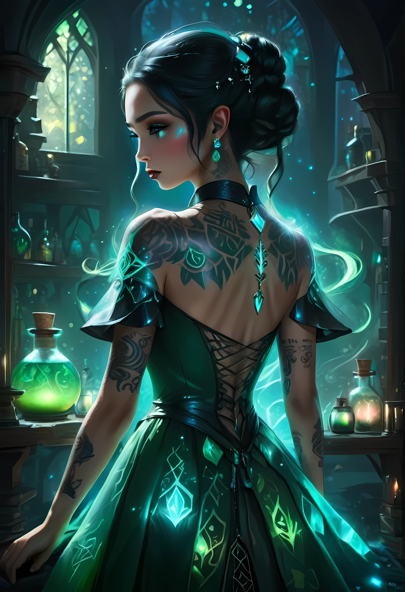 modisn disney, Arafed, Dark fantasy art, fantasy art, goth art, a picture of a tattoo on the back of a female elf, of  glowing elven magical runes, AlchemyPunkAI, shoot taken from the back, ((the back is visible: 1.3), she wears a transparent dress that the tattoos glow, crystalline dress