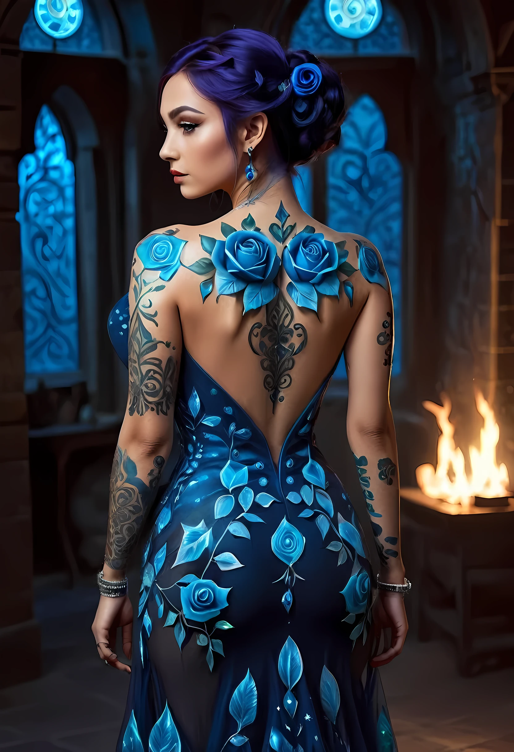 modisn disney, Arafed, Dark fantasy art, fantasy art, goth art, a picture of a tattoo on the back of a female elf, of  glowing tattoo of a ((blue: 1.3)) the rose tattoo is vivid, intricate detailed coming to life rose from the ink to real life, , thes, AlchemyPunkAI, shoot taken from the back, ((the back is visible: 1.3), she wears a transparent dress that the tattoos glow, crystalline dress