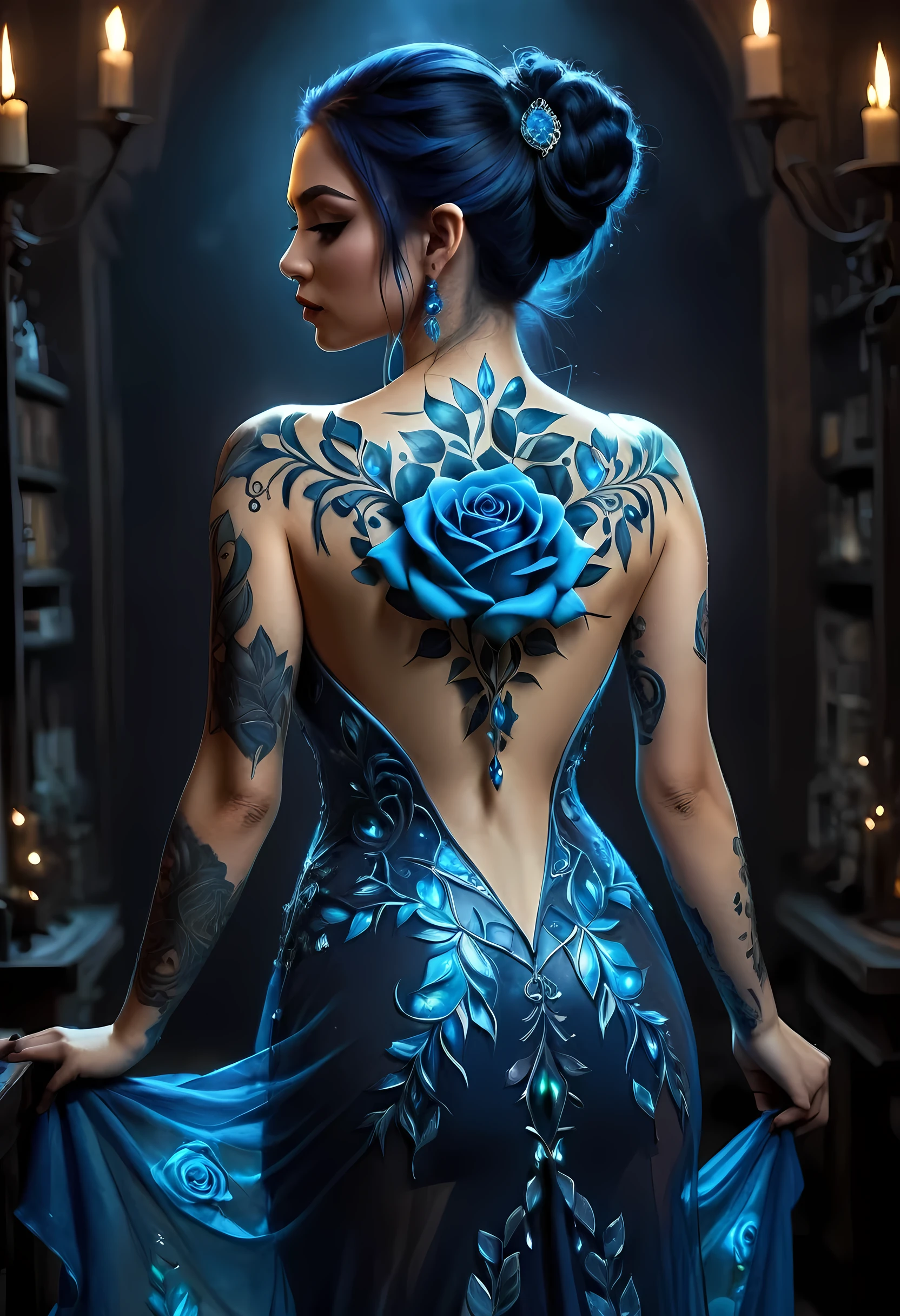 modisn disney, arafé, Dark art fantastique, art fantastique, art gothique, une photo d&#39;un tatouage sur le dos d&#39;une elfe femelle, de tatouage brillant d&#39;un ((bleu: 1.3)) le tatouage de rose est vif, une rose complexe et détaillée prenant vie, sortant de l'encre pour devenir réelle, , ces, AlchimiePunkAI, prise de vue prise de dos, ((le dos est visible: 1.3), elle porte une robe transparente dont les tatouages brillent, Robe cristalline