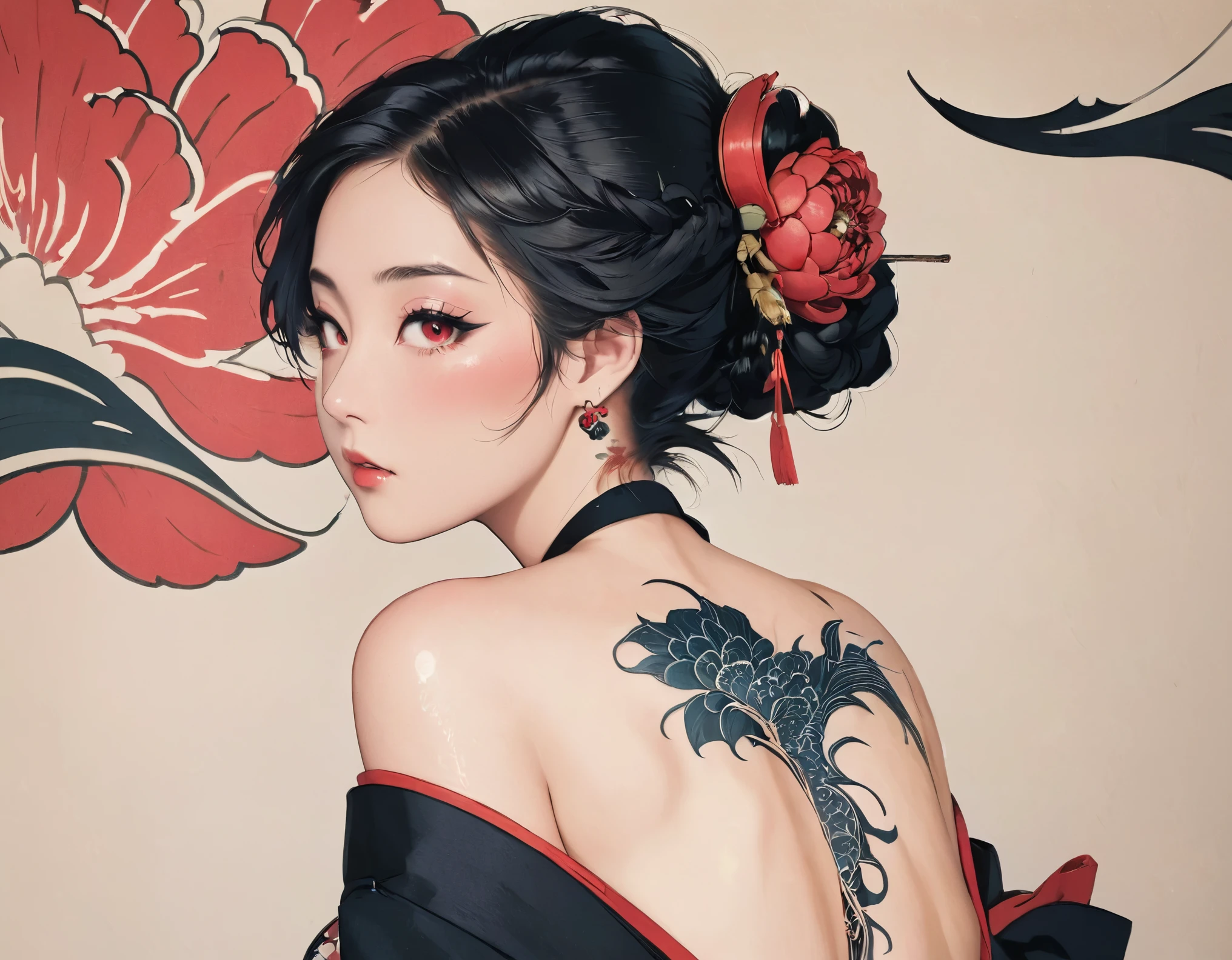 укиё-э、носить черное кимоно_Из кимоно открыто только правое плечо.._Демонстрирует татуировку алого пиона, покрывающую всю спину._Невероятно красивые японки、(Татуировка крупным планом:1.8)、
