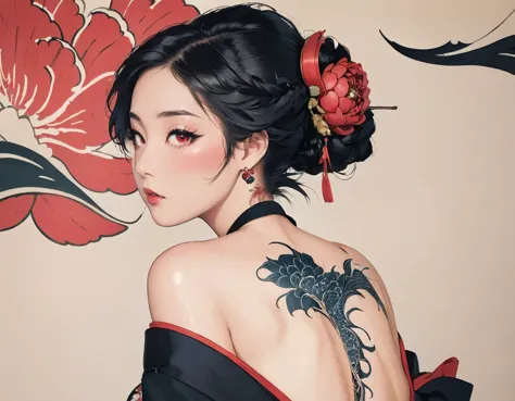 Ukiyo-e、Wearing a black kimono_Only the right shoulder is exposed from the kimono._Showing off a scarlet peony tattoo covering h...