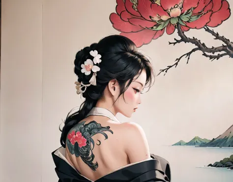 Wearing a black kimono_Only the right shoulder is exposed from the kimono._Showing off a scarlet peony tattoo covering his entir...