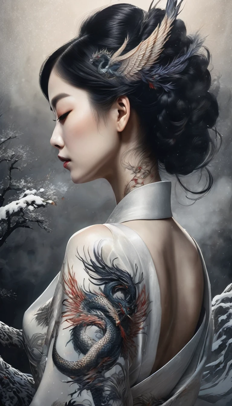 à la manière de Barbara Takenaga ,une belle femme avec un tatouage complexe de dragon et de phénix sur le dos, design de tatouage extrêmement détaillé, style élégant de geisha japonaise, Cou nu poudré de blanc de neige，Atmosphère sereine et mystérieuse, Éclairage dramatique, clair-obscur, ombres dramatiques, tons maussades, composition cinématographique, très détaillé, Photoréaliste, 8k, Meilleure qualité， personnage, art de l&#39;encre, vue de côté ，