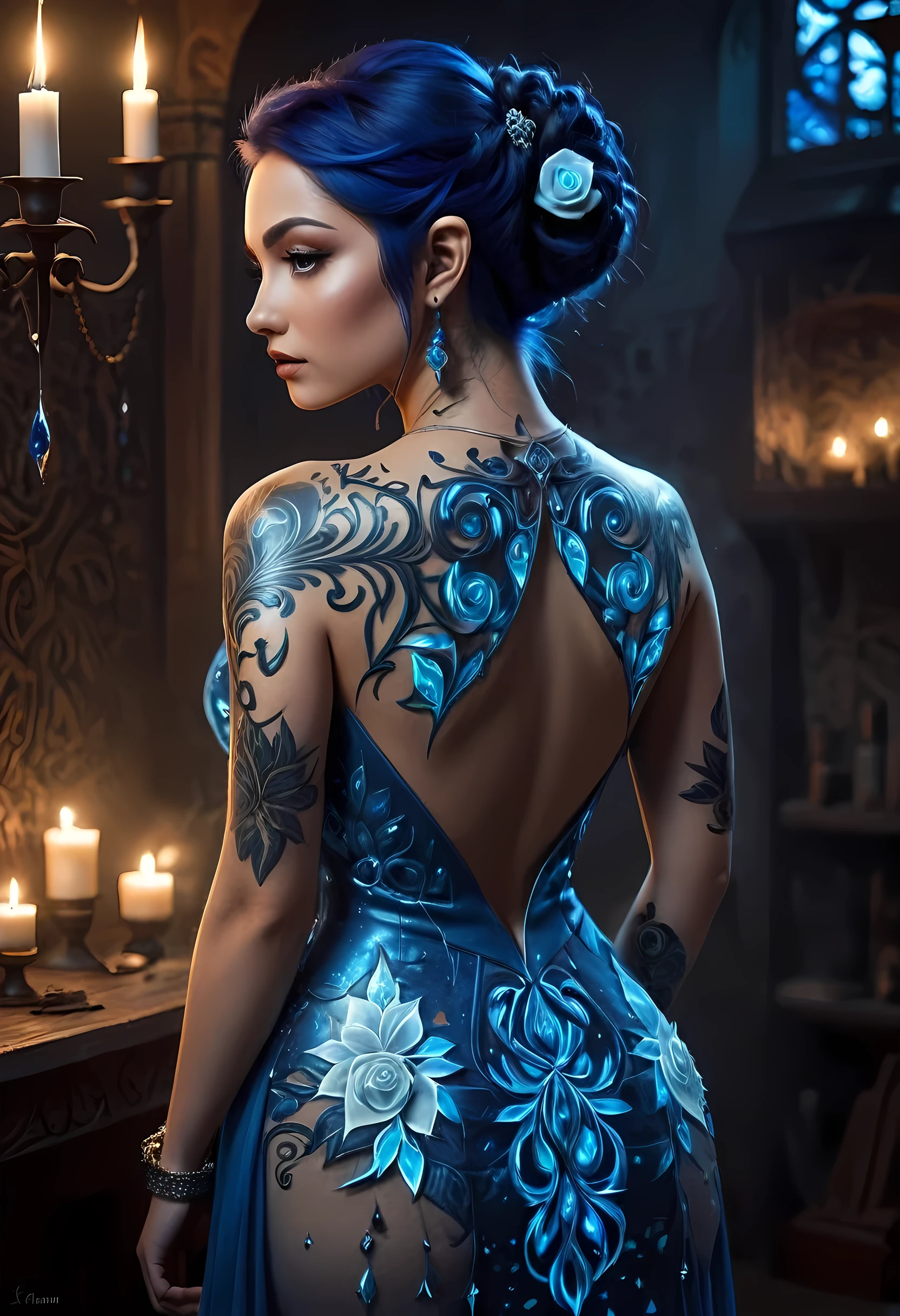 moda disney, arafa, Dark Arte De Fantasía, Arte De Fantasía, arte gótico, una imagen de un tatuaje en la espalda de una elfa, de tatuaje brillante de un ((blue: 1.3)) el tatuaje de rosa es vívido, Intrincados detalles que cobraron vida pasaron de la tinta a la vida real., , estos, AlquimiaPunkAI, disparo tomado desde atrás, ((la espalda es visible: 1.3), ella usa un (blanco: 1.3),  vestido transparente que hace que los tatuajes brillen, vestido cristalino