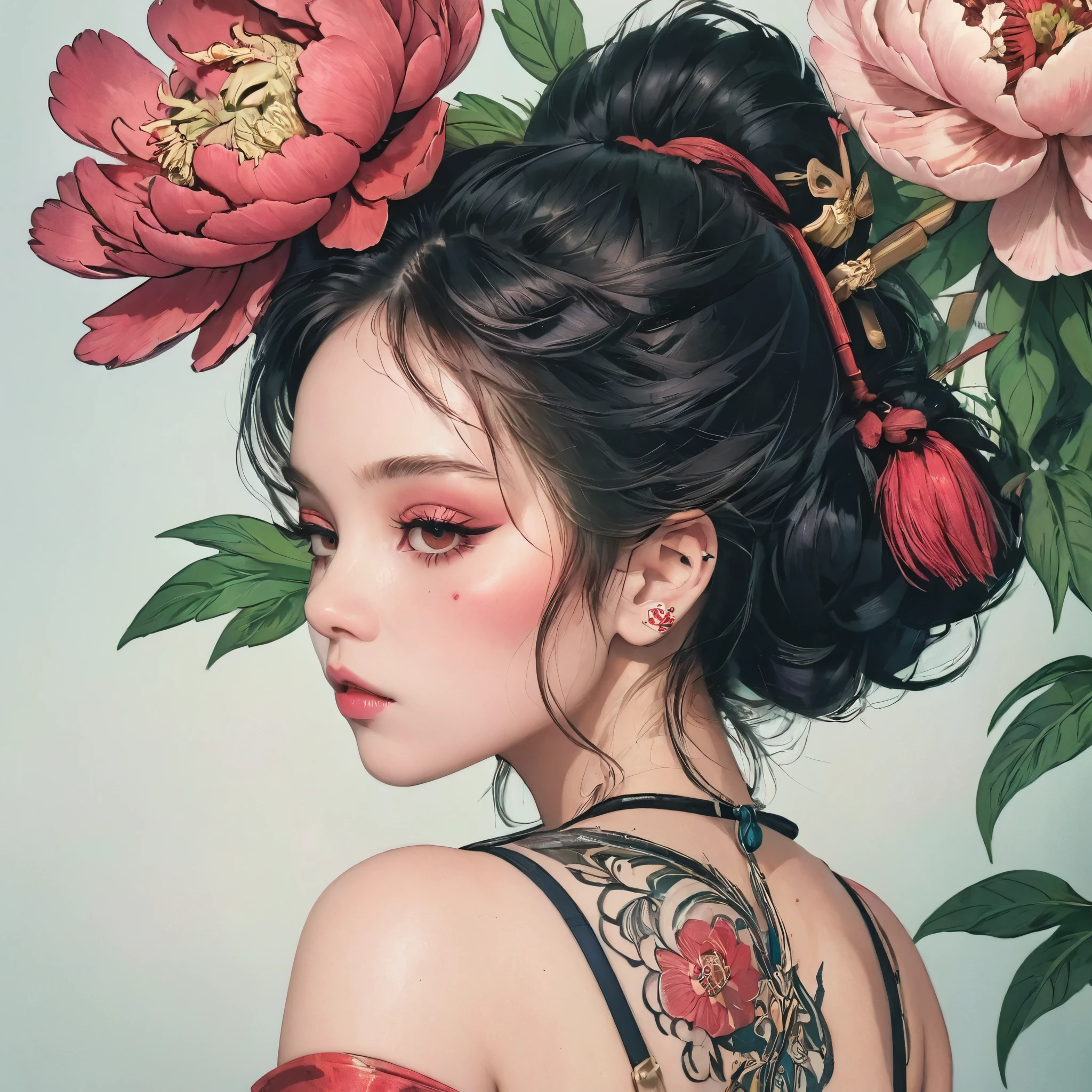 ((A woman with multiple, stunning, large scarlet peony tattoos across her back:1.9))、She wears a black dress、Expose the right shoulder、（Close up of a scarlet peony tattoo:1.6）、Background with red peony design、masterpiece、Hyperrealistic、8k、Photorealistic、Detailed portrait、Intricate details、Dramatic lighting、Bright colors、Refined and elegant aesthetics、Traditional Japan style