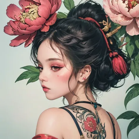 ((A woman with multiple, stunning, large scarlet peony tattoos across her back:1.9))、She wears a black dress、Expose the right sh...