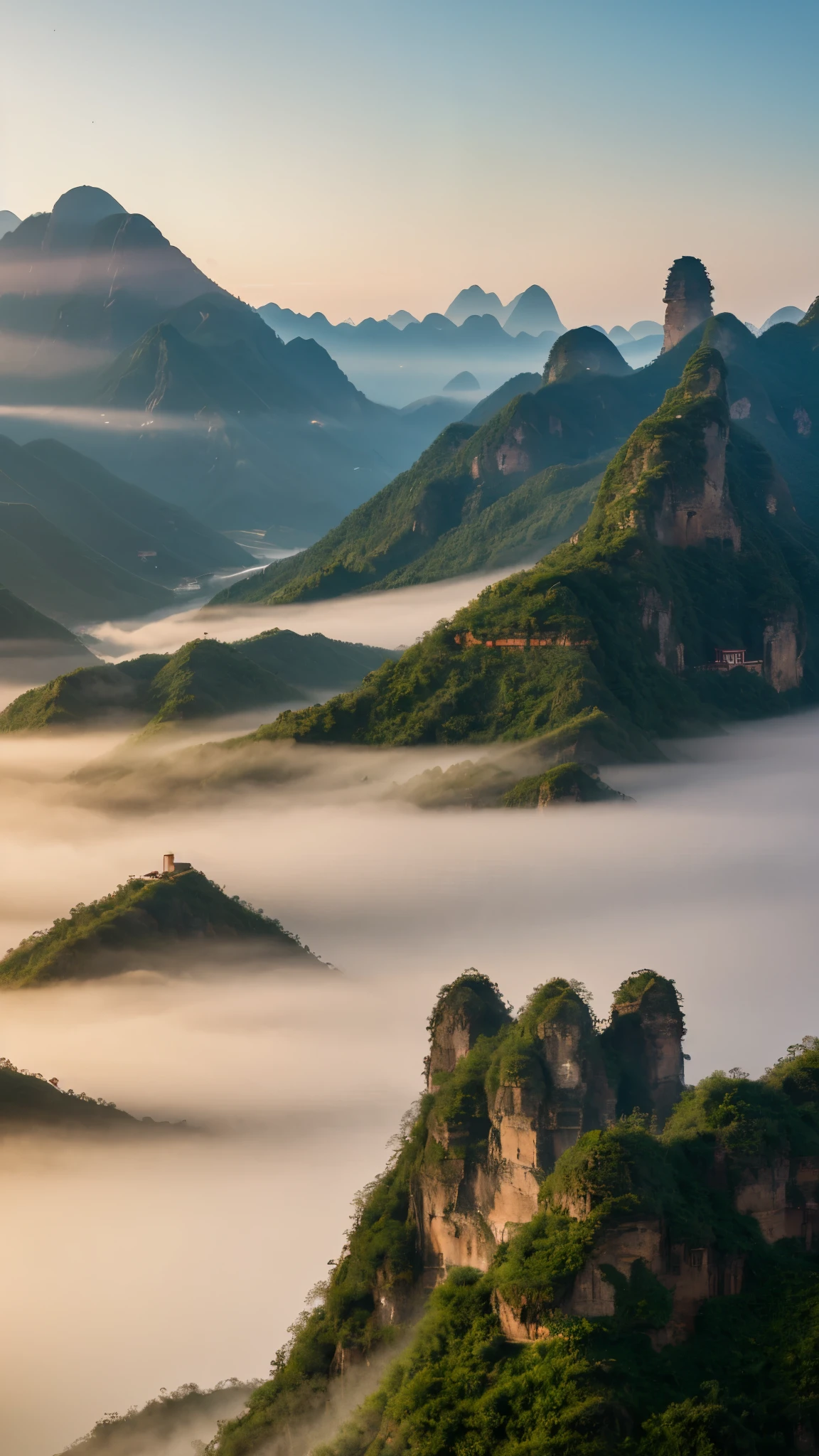 Berge mit einem kleinen roten Gebäude darauf, von Cheng Jiasui, Chinesische Landschaft, von Yuan Jiang, ein beeindruckendes Landschaftsbild, Zhangjiajie am frühen Morgen, von Liu Haisu, von Raymond Han, atemberaubende Berge, von Xia Yong, schwebende Berge, unglaublich hübsch, Von Ren Xiong, Zhangjiajie nationaler Waldpark